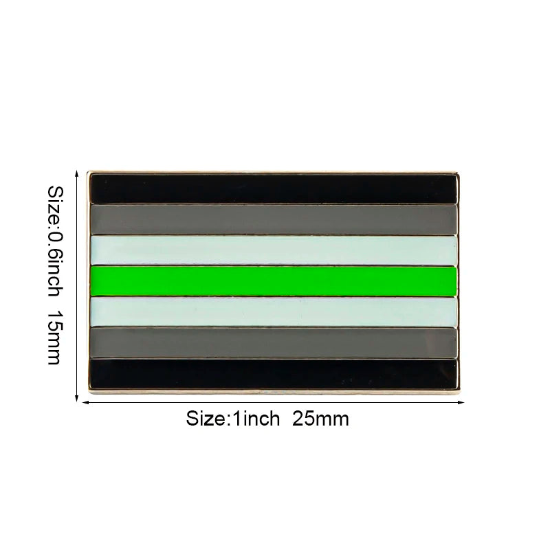 A rectangular lapel pin featuring five horizontal stripes of black, gray, white, and green.