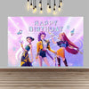 A vibrant pink birthday backdrop featuring three female characters in fantasy outfits celebrating a happy birthday.