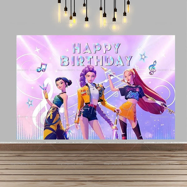 A vibrant pink birthday backdrop featuring three female characters in fantasy outfits celebrating a happy birthday.