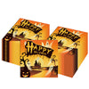 A stack of orange paper napkins featuring a Halloween theme with bats, skeletons, and spiders.