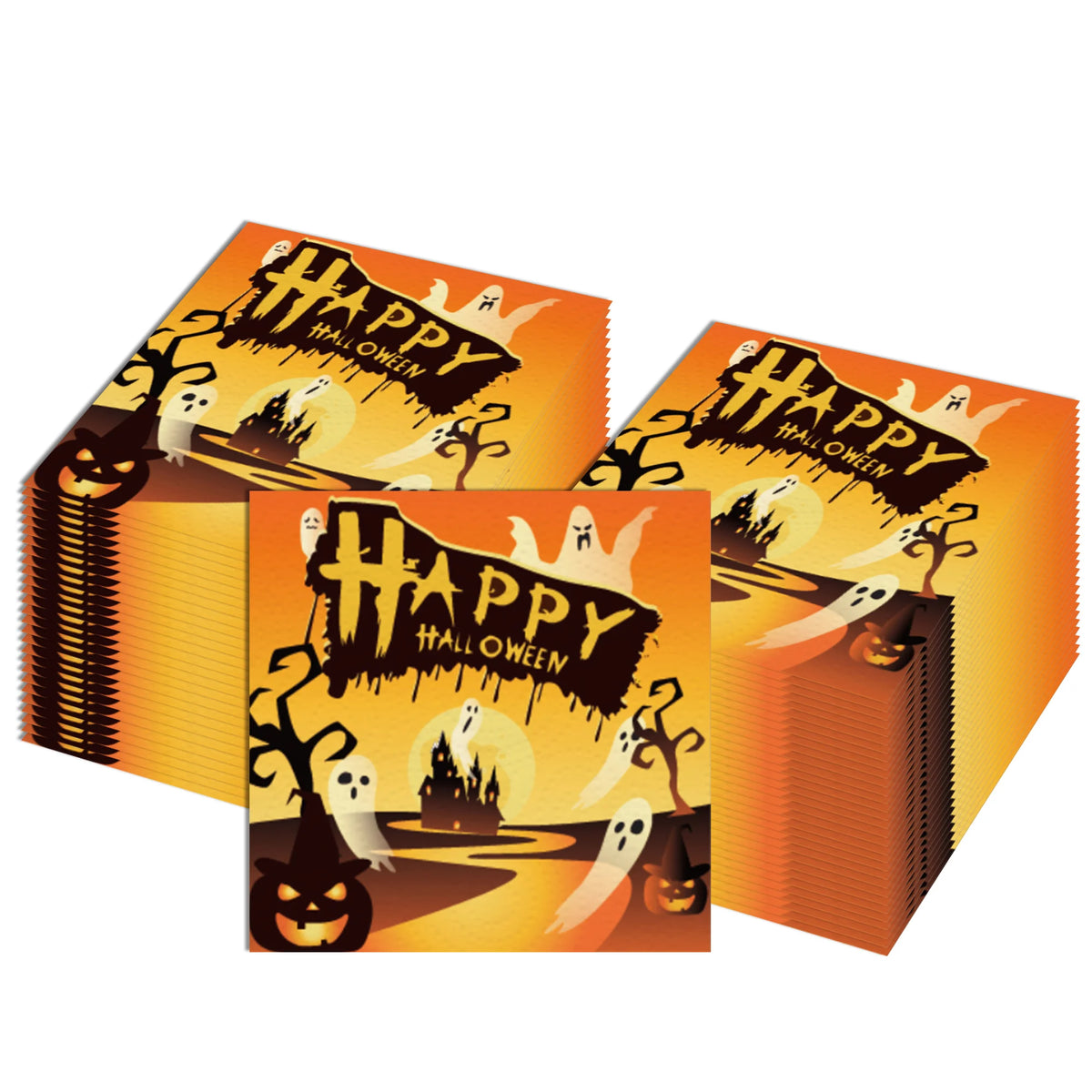 A stack of orange paper napkins featuring a Halloween theme with bats, skeletons, and spiders.
