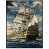 A painting of a historical battleship with tall masts sailing on choppy blue water under a dramatic sky.