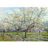 A painting depicting a spring orchard with light green grass and blossoming trees under a pale blue sky.