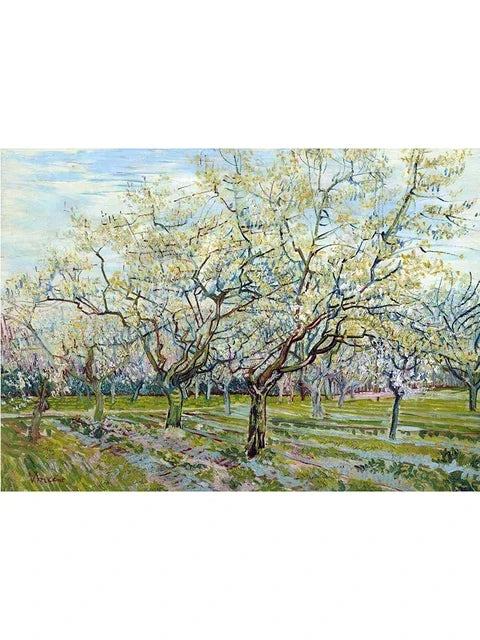 A painting depicting a spring orchard with light green grass and blossoming trees under a pale blue sky.