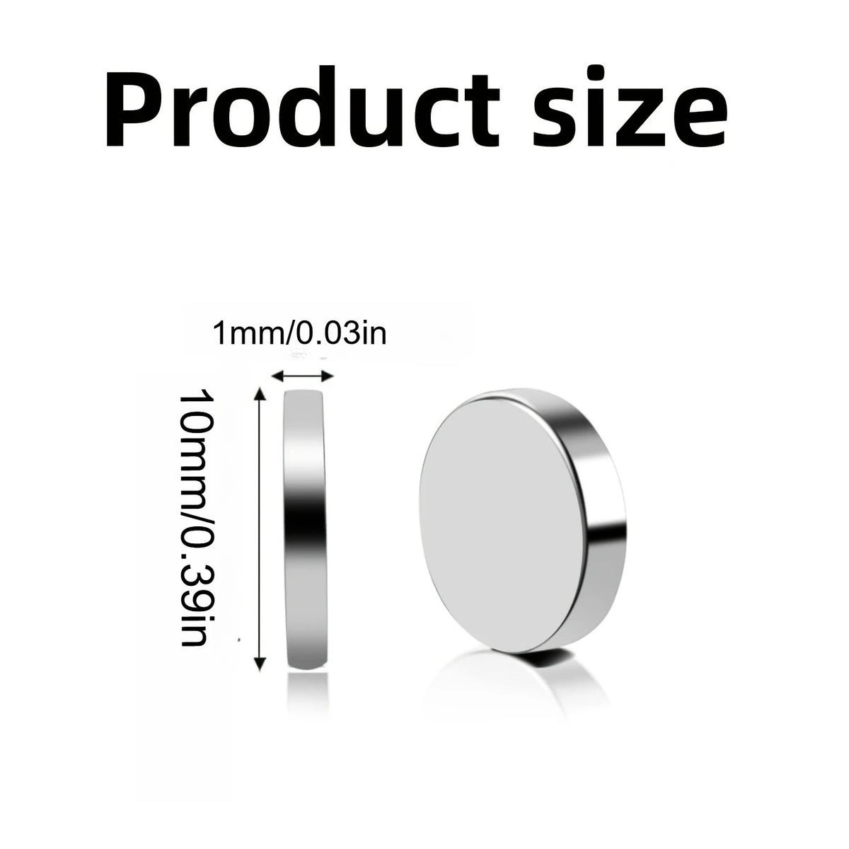 Diagram showing the size of a round neodymium disc magnet, measuring 10mm or 0.39in in diameter.