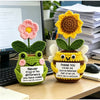 Hand crocheted sunflower bee potted ornaments featuring yellow and brown textures