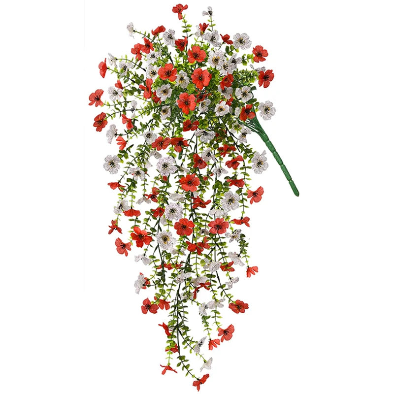 Artificial hanging morning glory flowers with red and white blossoms on green vines for indoor and outdoor decor