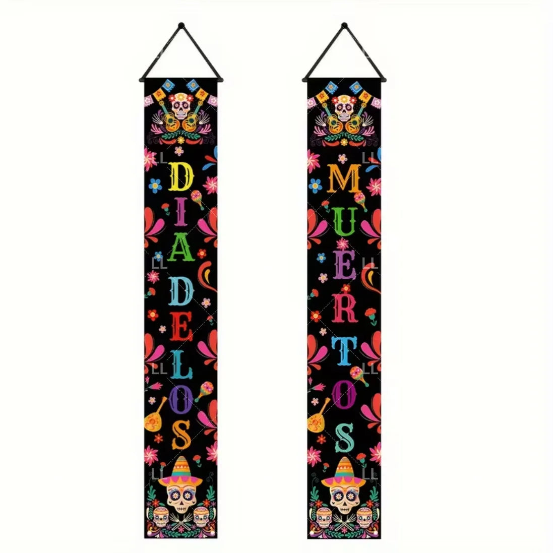 A vertical banner for the Day of the Dead featuring a Mexican skull and floral design.
