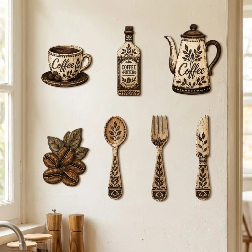 Rustic Wooden Coffee-Themed Wall Decor Set (7 Pieces)