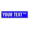 A rectangular blue street sign with the text YOUR TEXT in white capital letters.