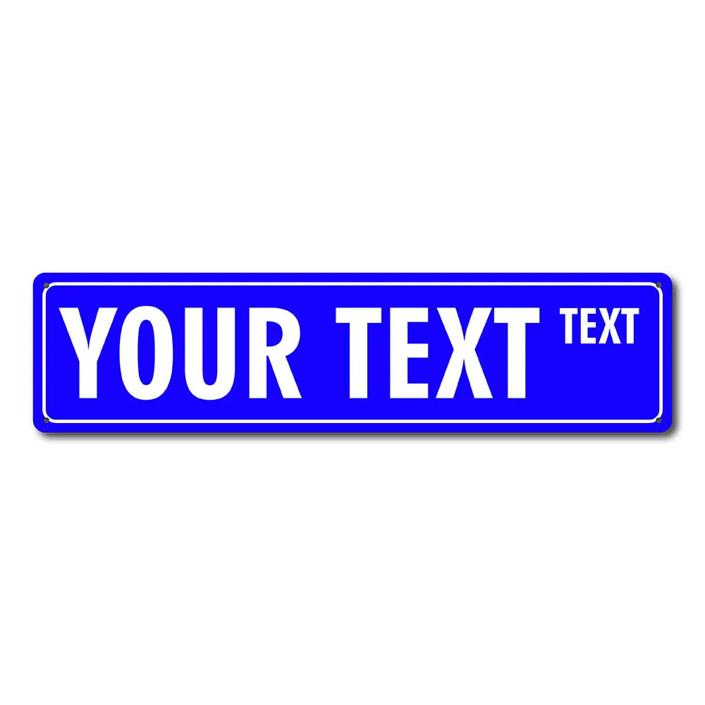 A rectangular blue street sign with the text YOUR TEXT in white capital letters.
