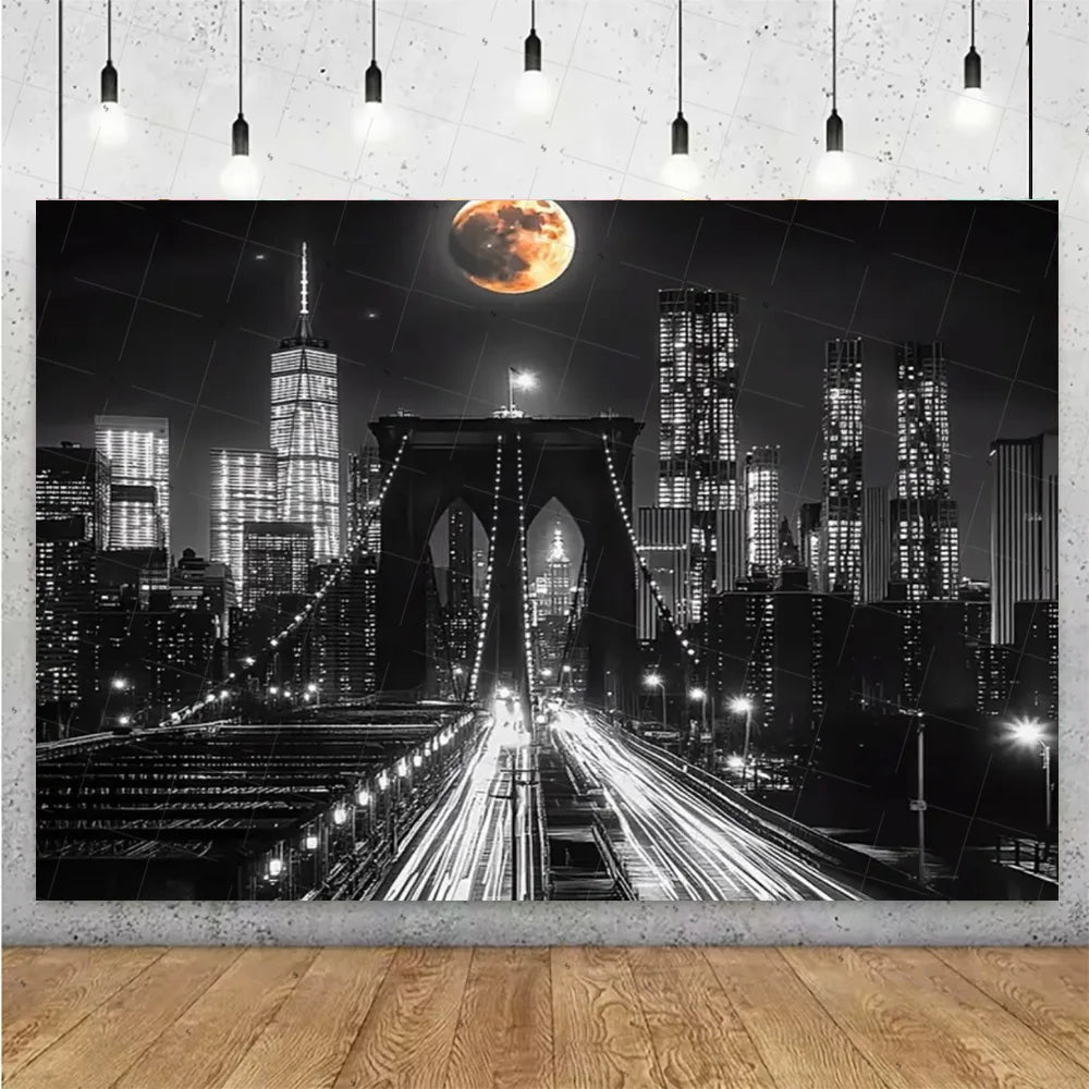 A dramatic night cityscape featuring tall buildings and a large moon in the sky.