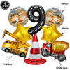 A set of nine gold and black foil balloons shaped like the number 9 and a construction truck, along with a red and white traf