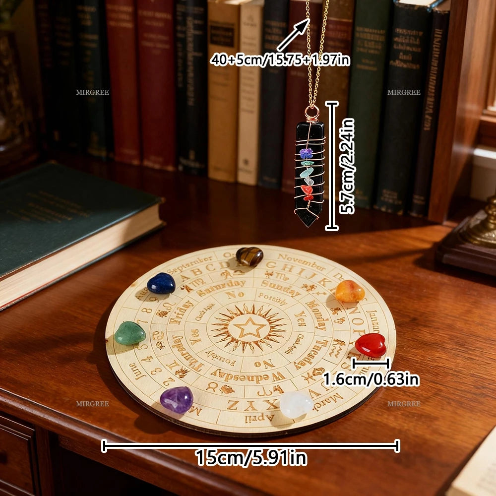 Kit de divination spirituelle avec un kit de cristaux et un pendentif de 5,7 cm et un graphique circulaire.