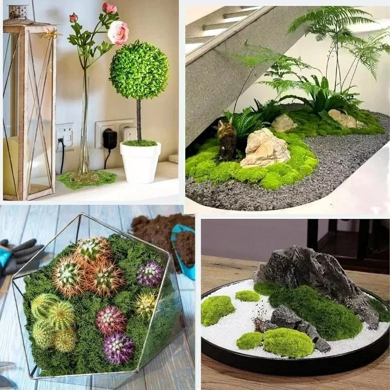 A collection of realistic artificial moss in various shapes and textures used for home décor and DIY projects.