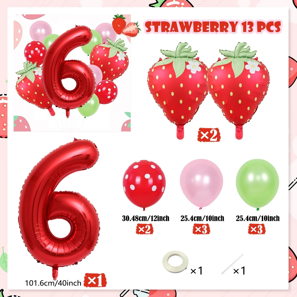 Strawberry foil balloon set including large number balloons and various colored balloons