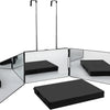 A portable trifold vanity mirror with adjustable hooks and a black storage tray.