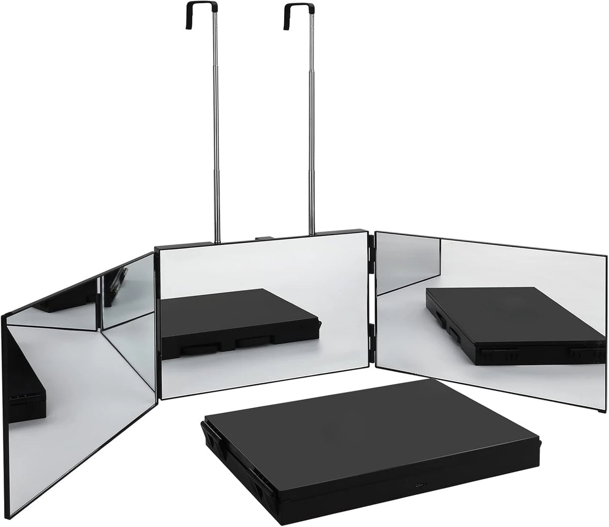 A portable trifold vanity mirror with adjustable hooks and a black storage tray.