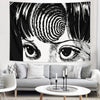 A black and white manga style tapestry featuring a close-up of an intense eye and hair.