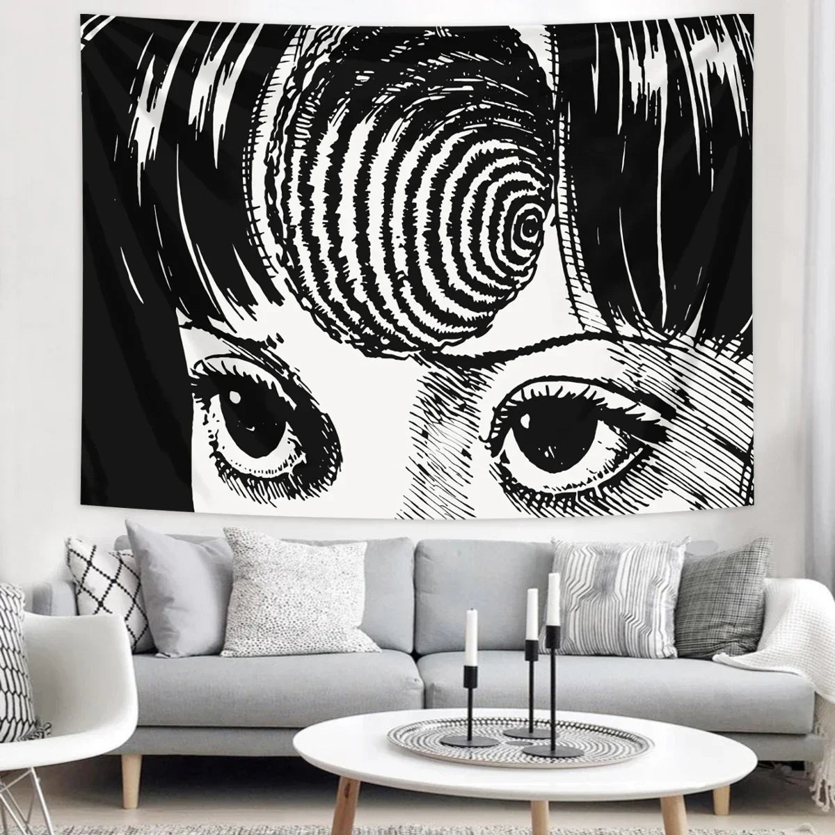 A black and white manga style tapestry featuring a close-up of an intense eye and hair.