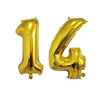 Two gold foil number balloons shaped like 1 and 4 displayed against a white background.