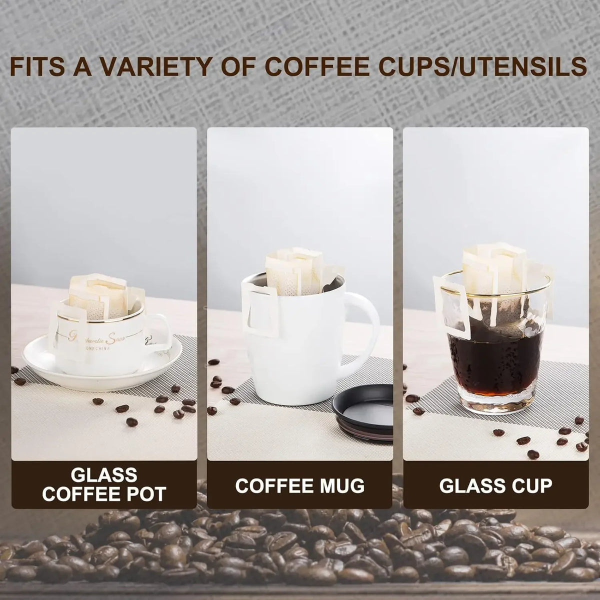 A white coffee mug, glass cup, and coffee pot are shown alongside coffee beans.