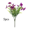 A bouquet of five artificial purple pansy flowers with green leaves on a single stem.