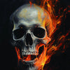 A dramatic painting of a human skull engulfed in bright orange and red flames against a dark background.
