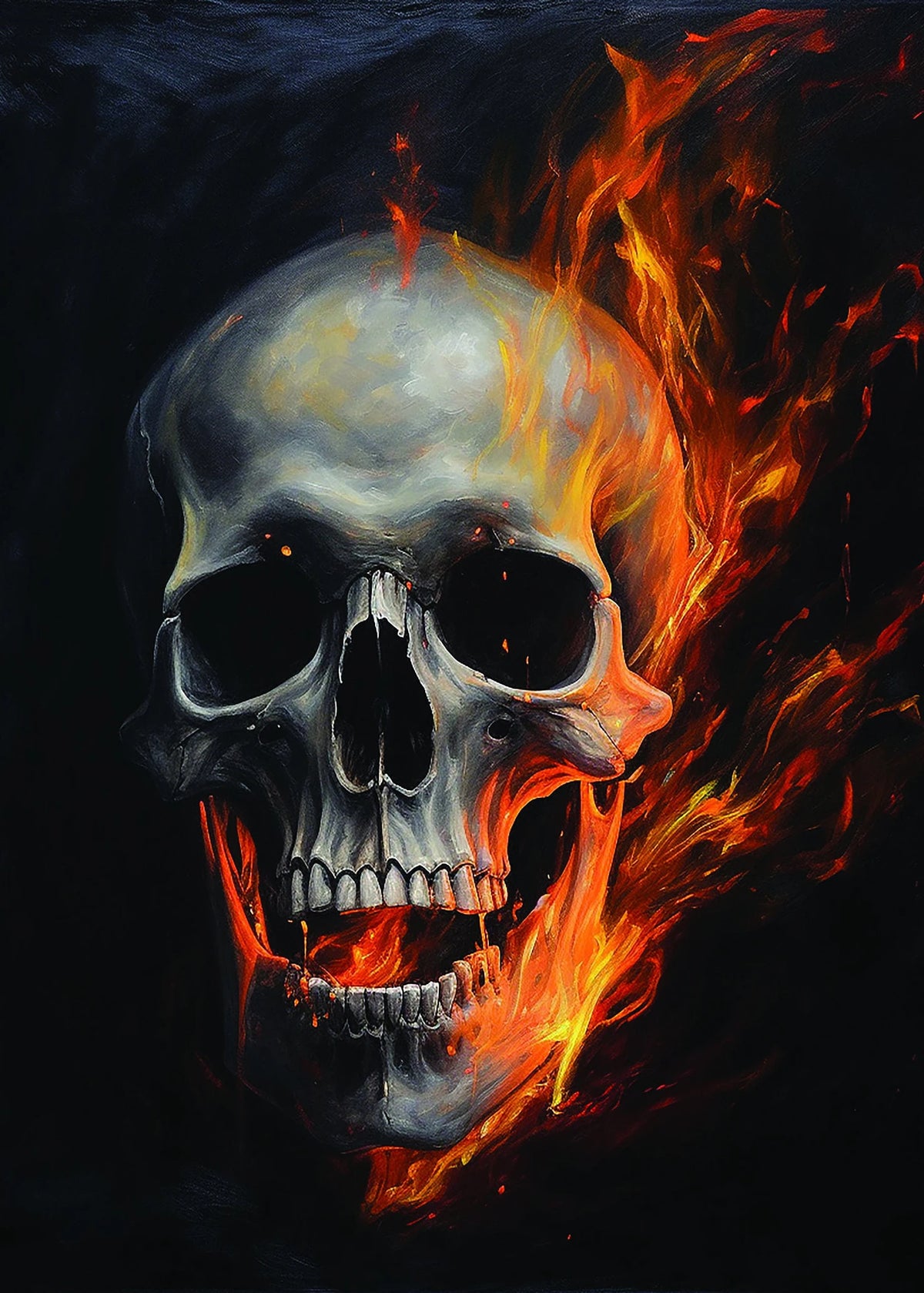 A dramatic painting of a human skull engulfed in bright orange and red flames against a dark background.