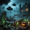 A dark, spooky Halloween scene featuring large black plush spiders and a gothic building under a stormy sky.