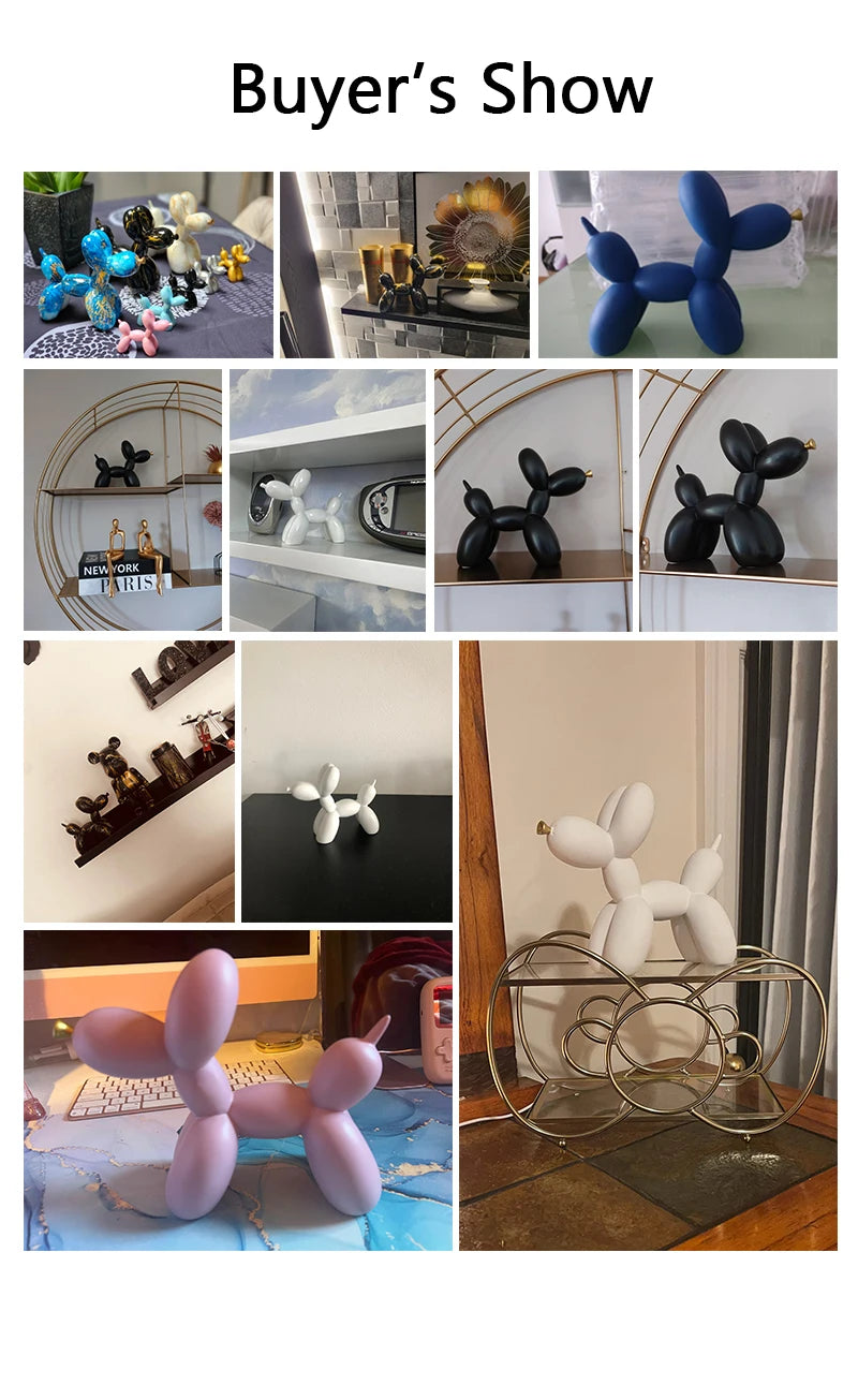 A collection of blue and black Nordic balloon dog resin sculptures displayed on various surfaces.