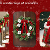 Red velvet Christmas bows used for decorating a wreath, garland, and gift bag in a snowy setting.
