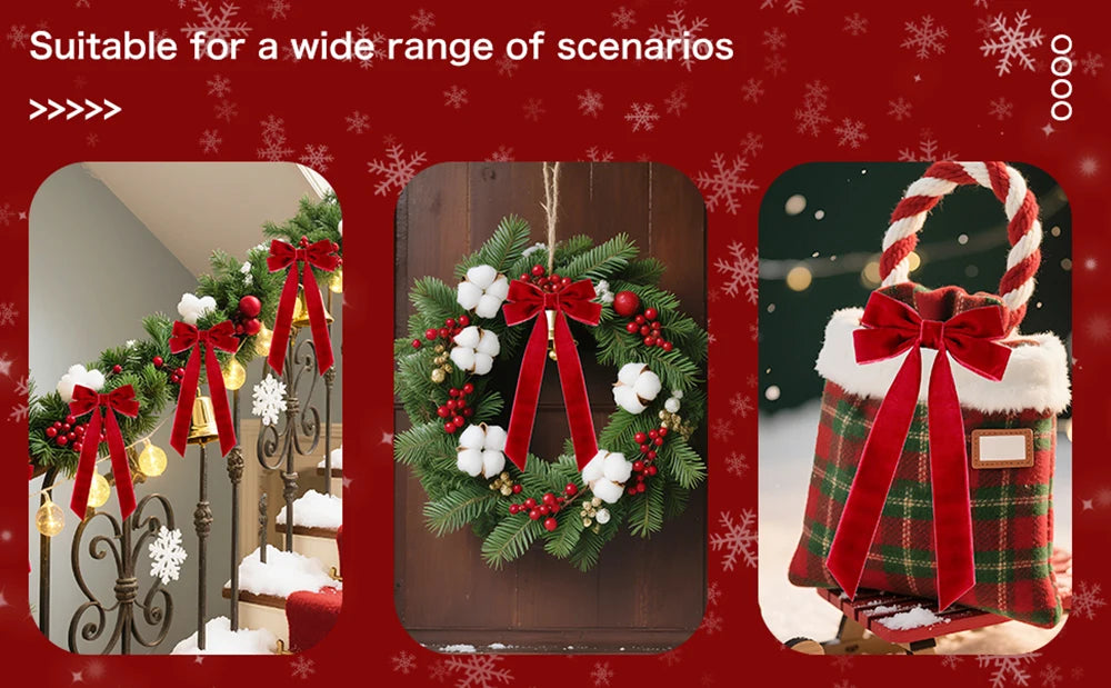 Red velvet Christmas bows used for decorating a wreath, garland, and gift bag in a snowy setting.