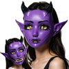 A purple horned fantasy creature mask with a movable jaw worn by a woman.