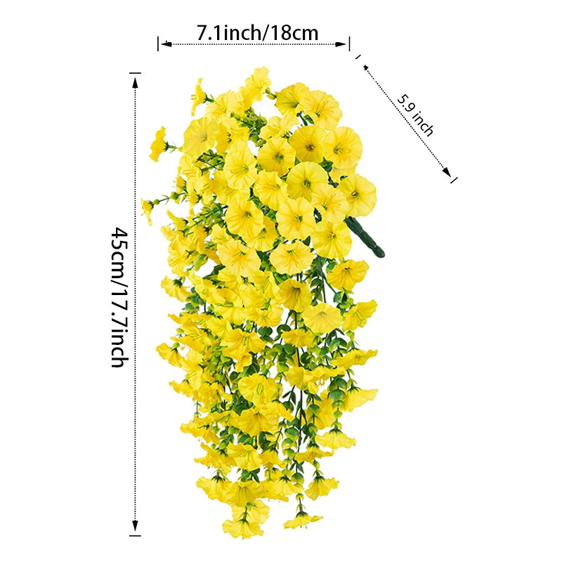 A vertical arrangement of yellow artificial silk morning glory flowers with dimensions 7.1 inches by 45 cm.