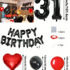 A set of red and black foil number balloons, heart shaped balloons, and round balloons for birthday decorations.