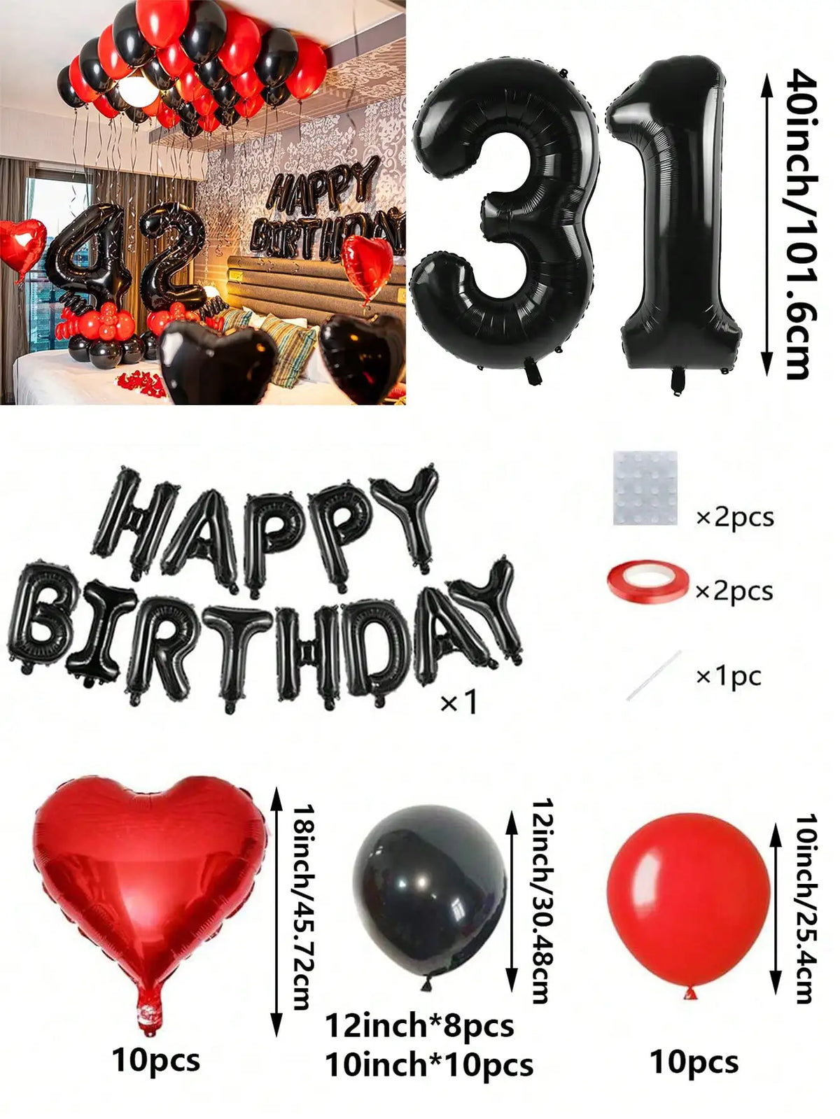 A set of red and black foil number balloons, heart shaped balloons, and round balloons for birthday decorations.