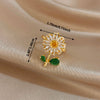 A close-up of an elegant cocktail ring featuring a gold setting and a flower design with green leaves.