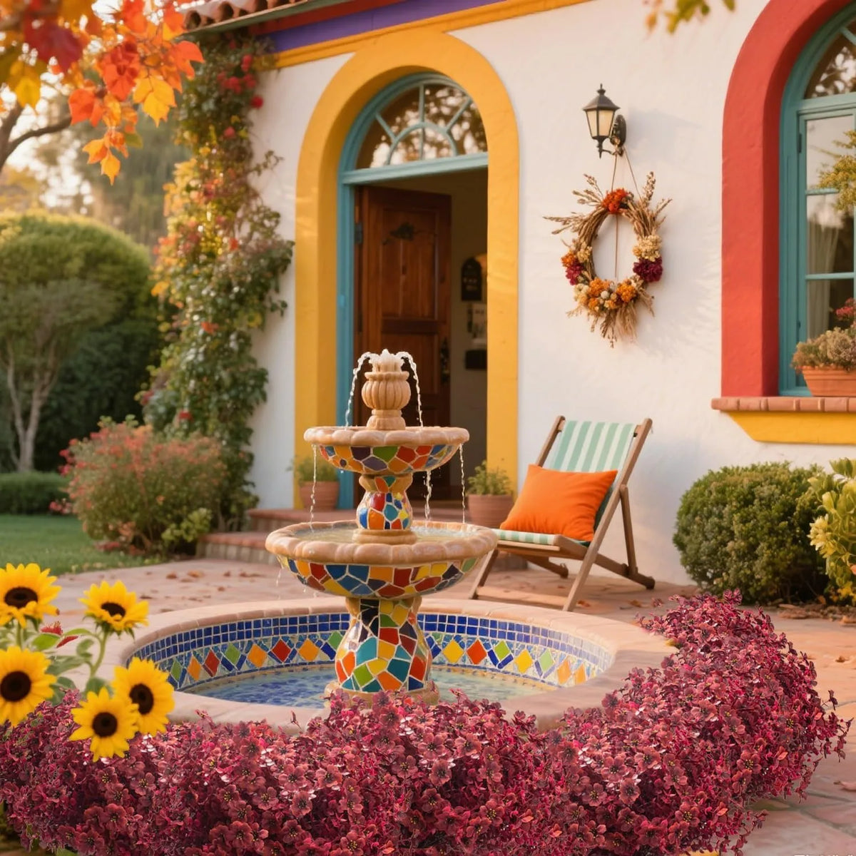 A decorative stone fountain surrounded by colorful flowers and lush greenery in a sunny outdoor setting.