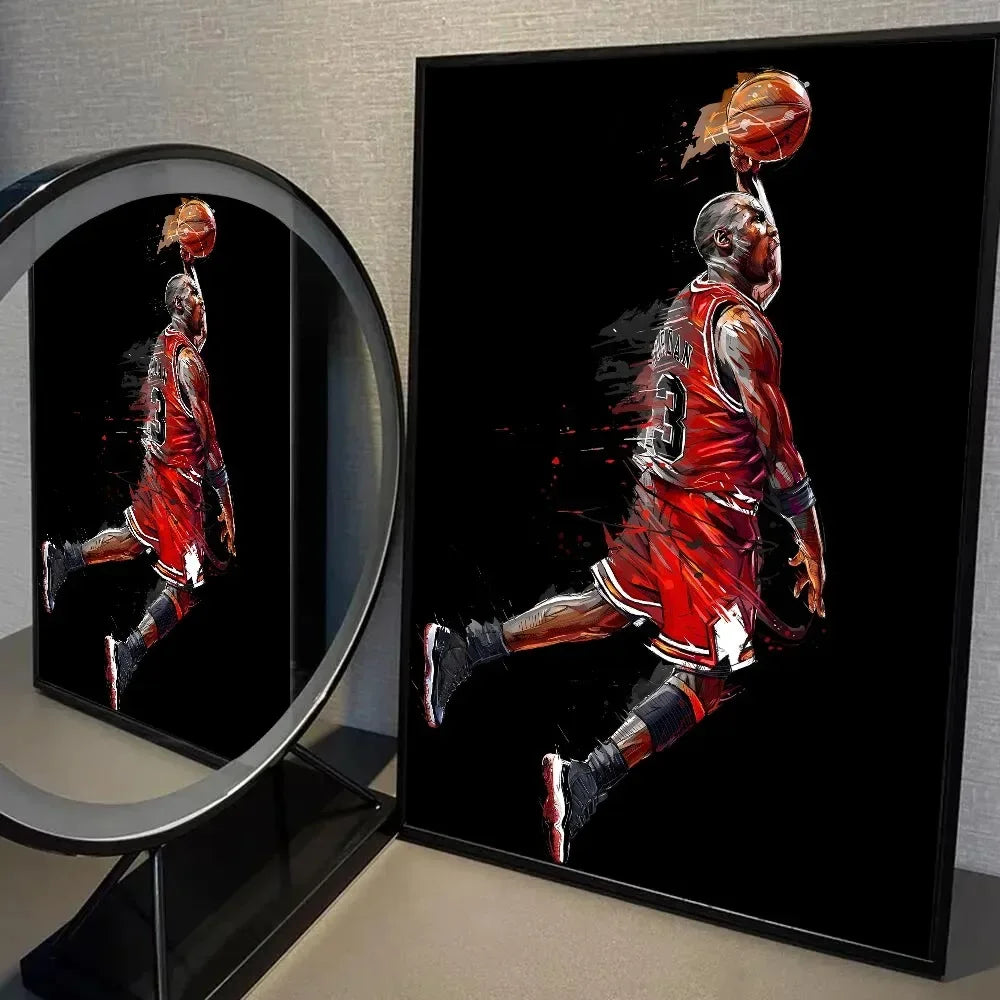 A canvas wall art print depicting a basketball player in a red jersey mid-air against a black background.
