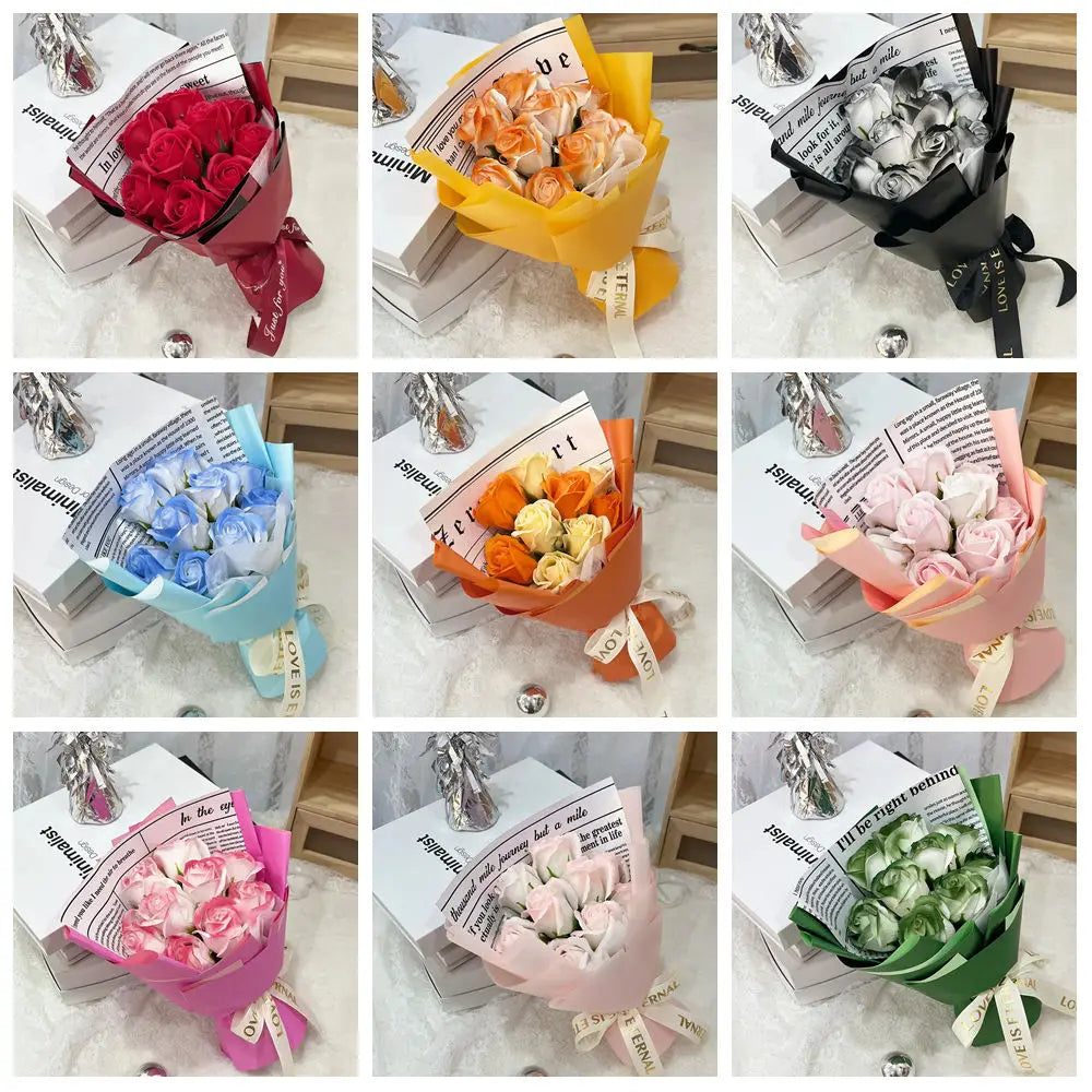 A collection of artificial rose flower bouquets in various colors and packaging, including red, orange, pink, and white roses