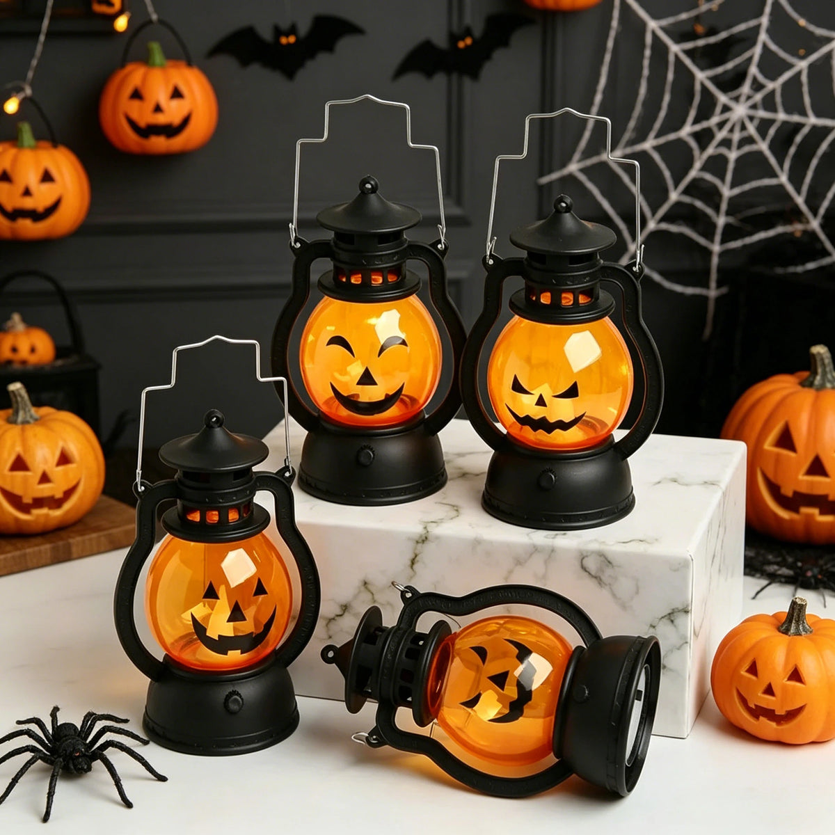 A set of DIY Halloween pumpkin lanterns with LED projection effects displayed on a white surface.
