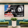 A patriotic Christian banner flag featuring the American flag and a crucifixion silhouette.
