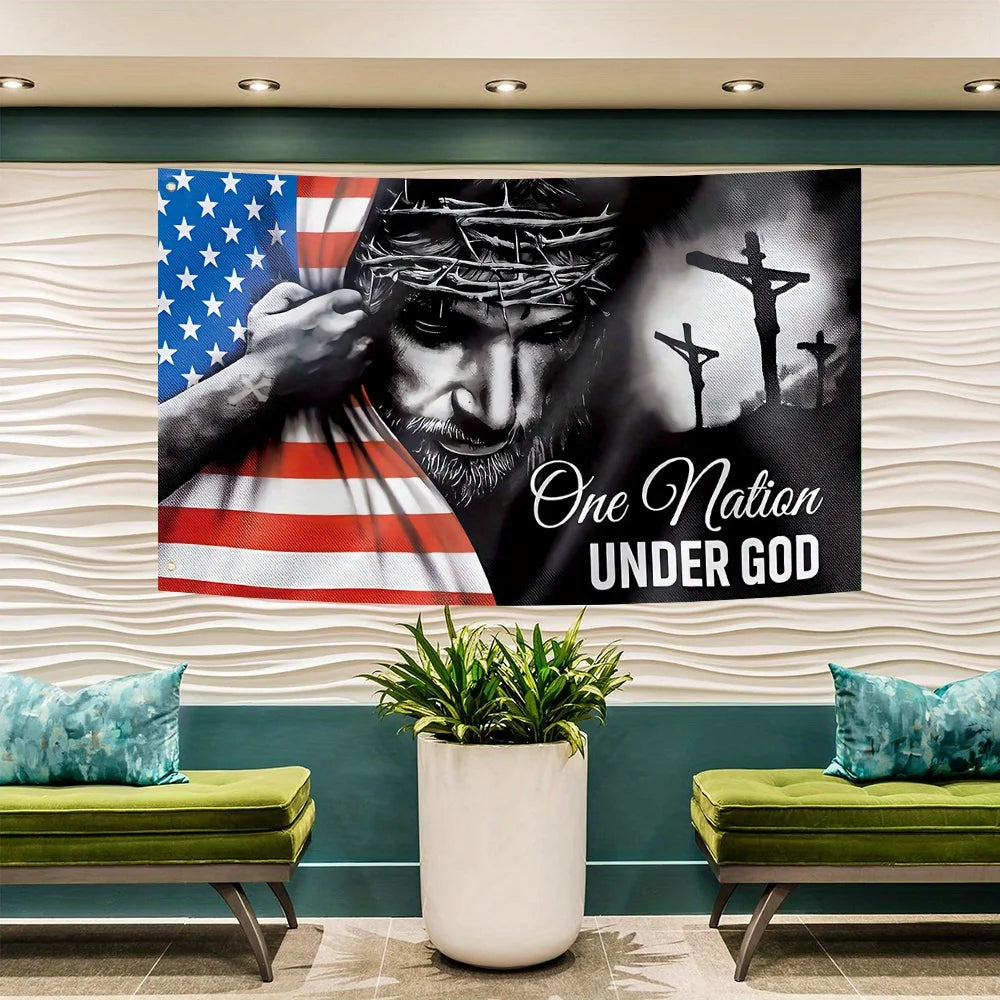 A patriotic Christian banner flag featuring the American flag and a crucifixion silhouette.