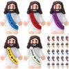 A set of mini rubber Jesus figurines with a white robe and a ribbon saying Jesus You in various colors.