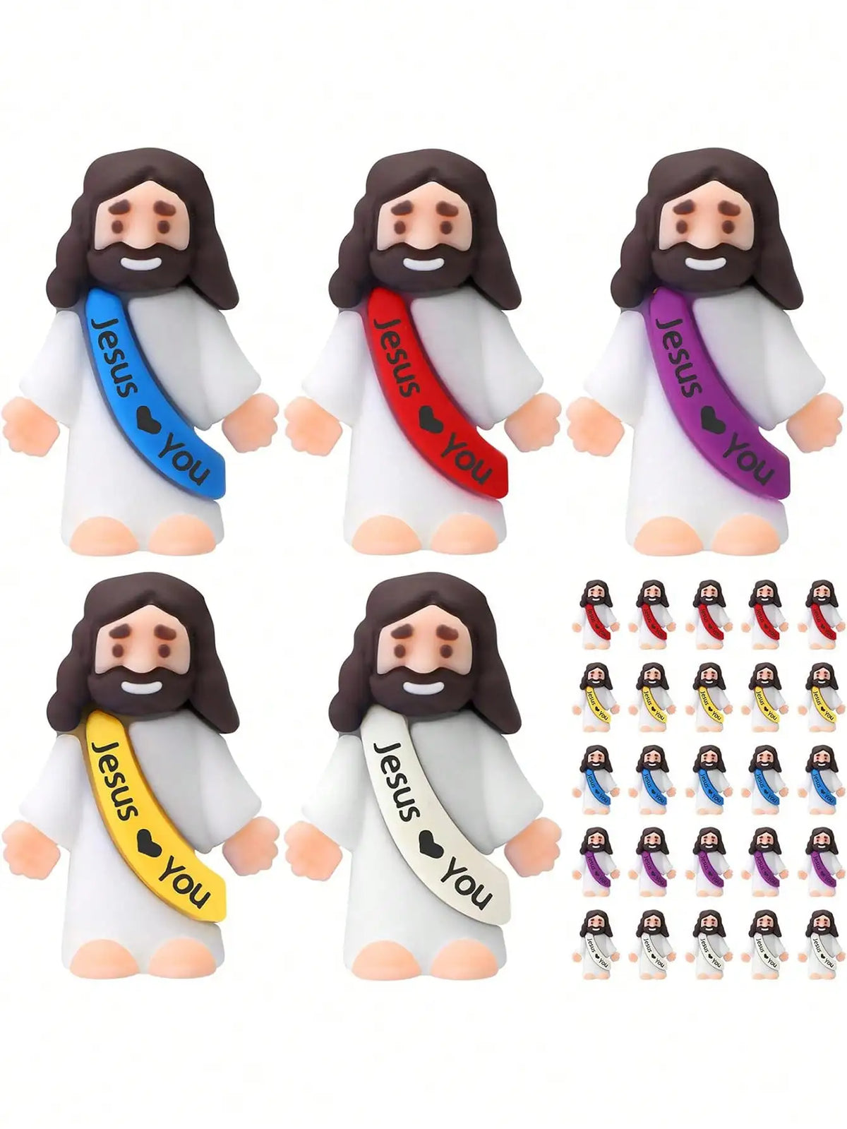 A set of mini rubber Jesus figurines with a white robe and a ribbon saying Jesus You in various colors.