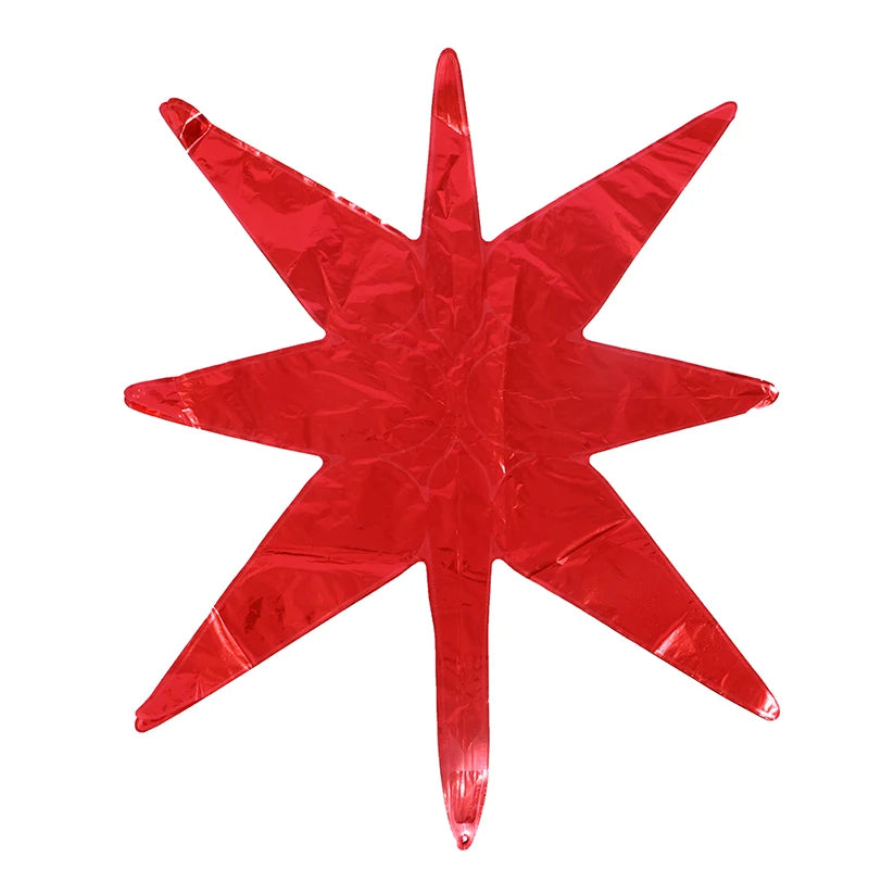 A red star burst foil balloon with pointed arms and a long stem for party decoration.