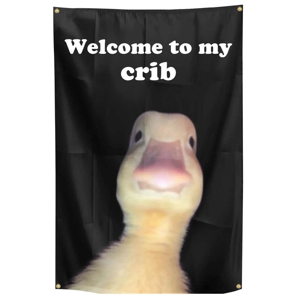 A black flag featuring a close-up image of a yellow bird's head looking out from a crib.