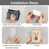 Installation steps showing how to clean a surface, tear off a hook, and adhere it to a smooth surface.