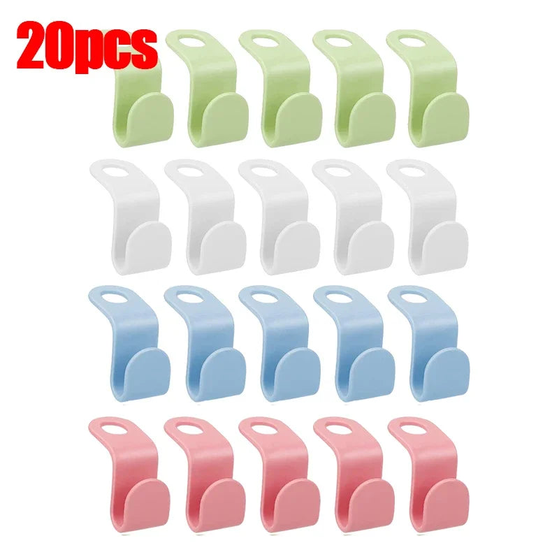 A set of 30 space-saving hanger connector hooks in various pastel colors including light green, white, blue, and pink.